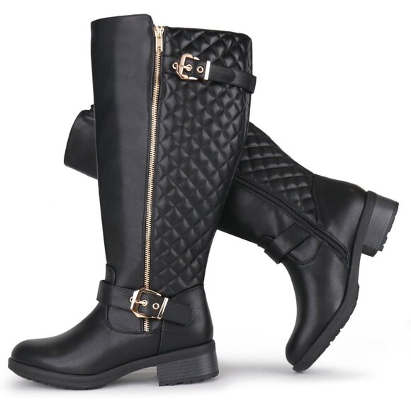 Women Extra Wide Calf Knee High Riding Black Boot Double Buckle Retro Chic Style - Picture 1 of 6